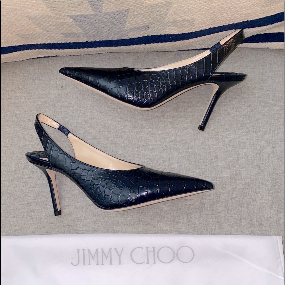 Jimmy Choo Ivy 85 Navy croc embossed leather slingback pumps NWT sz 5/35 - Picture 2 of 12
